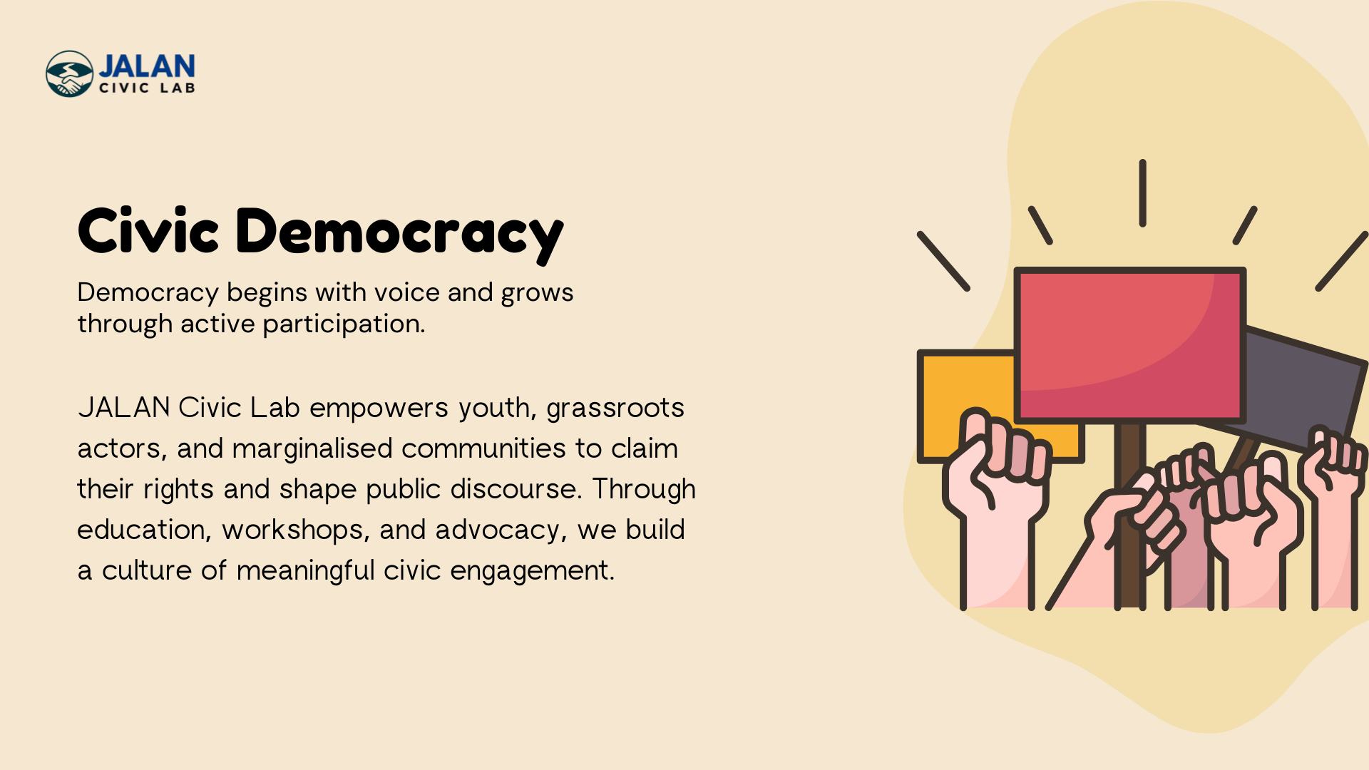 Graphic promoting Civic Democracy by JALAN Civic Lab. Features a group of raised fists holding protest signs in various colors, with text discussing empowerment, active participation, and public discourse.