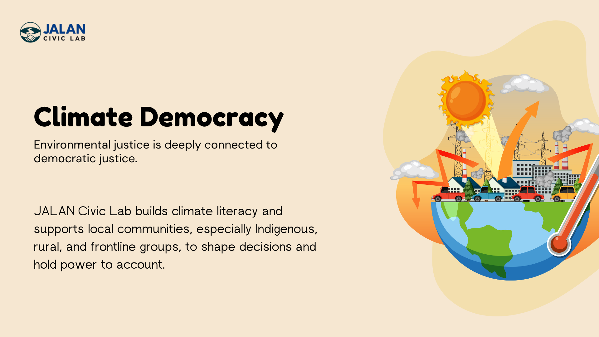 A graphic showing climate change impacts, including a bright sun, pollution, and rising temperatures on earth, with arrows indicating increased climate extremes.