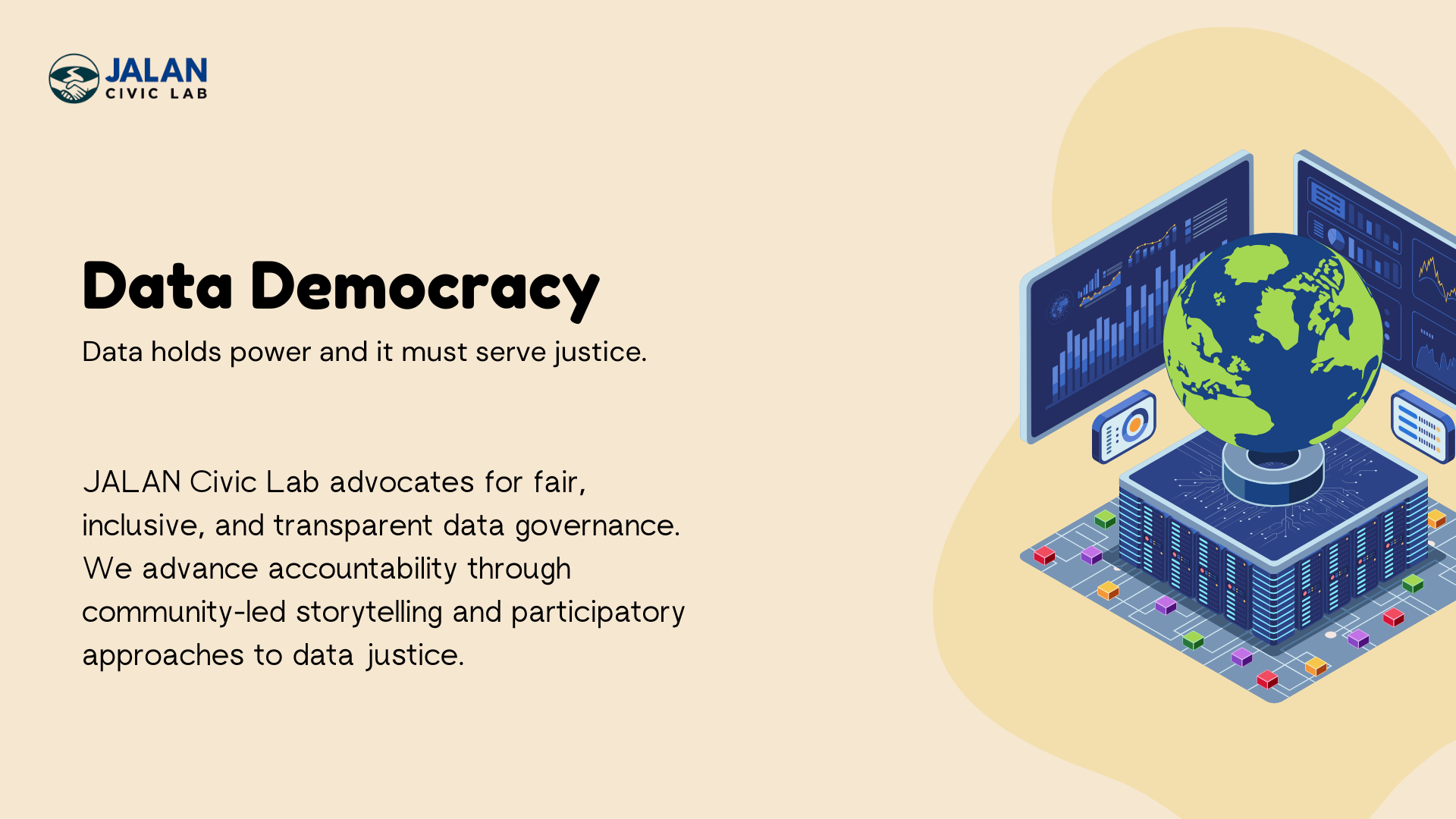 A digital illustration showing a globe surrounded by computer screens with data charts and graphs, symbolizing global data governance.