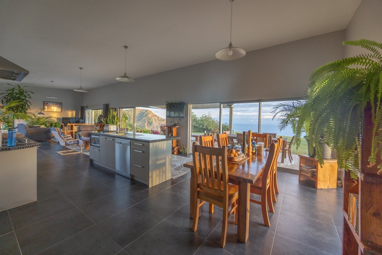 Spacious open-plan kitchen and dining area with a large wooden table, chairs, and modern appliances. Multiple windows offer a view of greenery and the ocean. Indoor plants and sleek lighting enhance the room's decor.