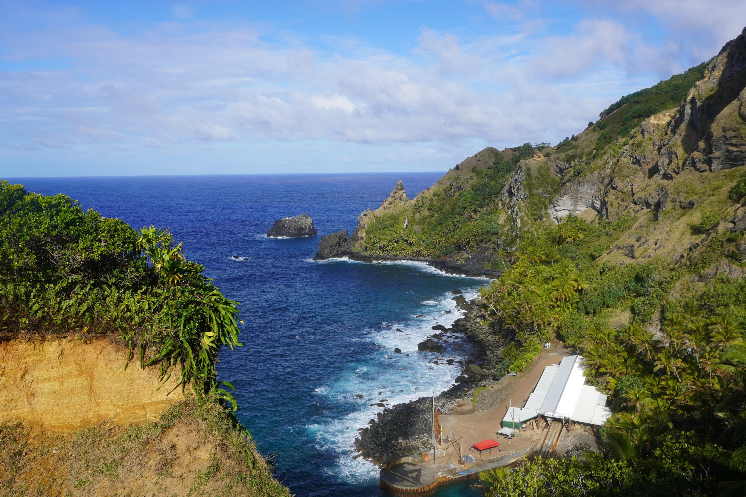 Coastal landscape with a rugged cliff, green vegetation, and a small harbor by the blue ocean.
