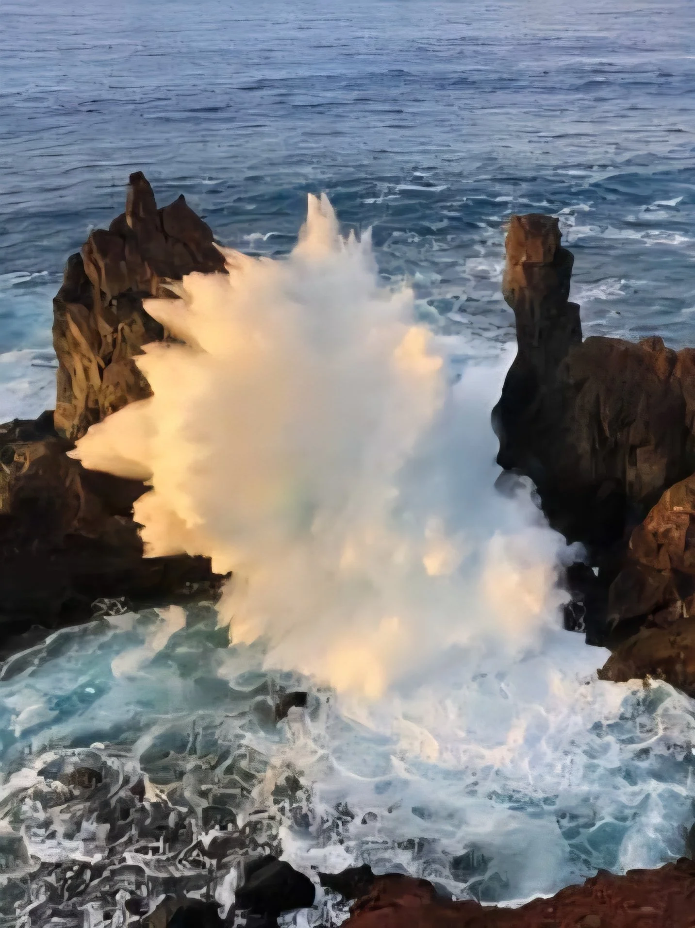 Sea waves crashing against dark rocks on the ocean coast during daylight.