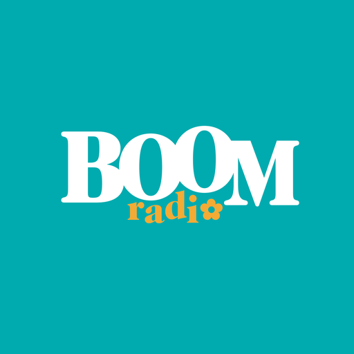 Logo of BOOM radio with teal background, white text for BOOM, and gold text for radio with a small flower icon