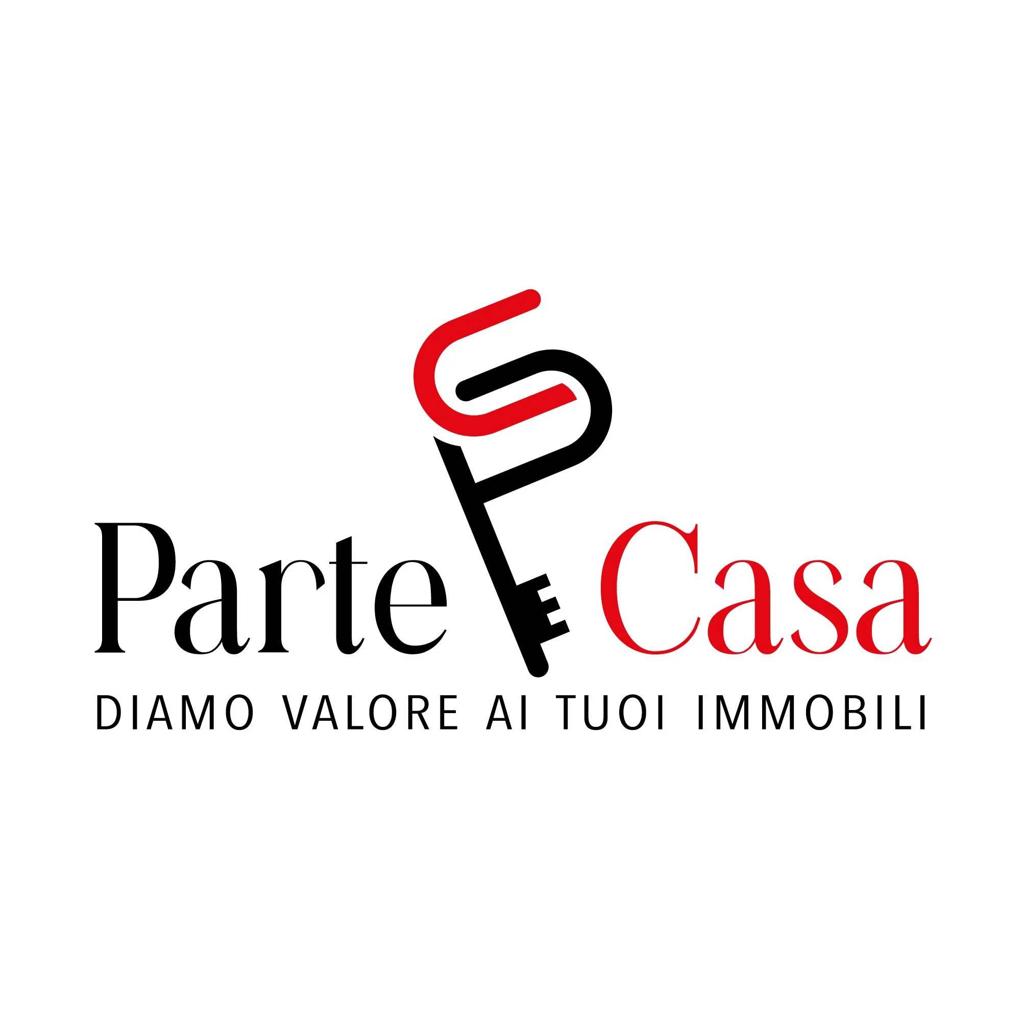 Logo con chiave stilizzata e testo 'Parte Casa' e slogan 'Diamo valore ai tuoi immobili'.