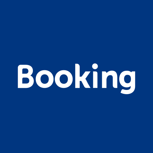 Logo di Booking con sfondo blu e testo bianco.
