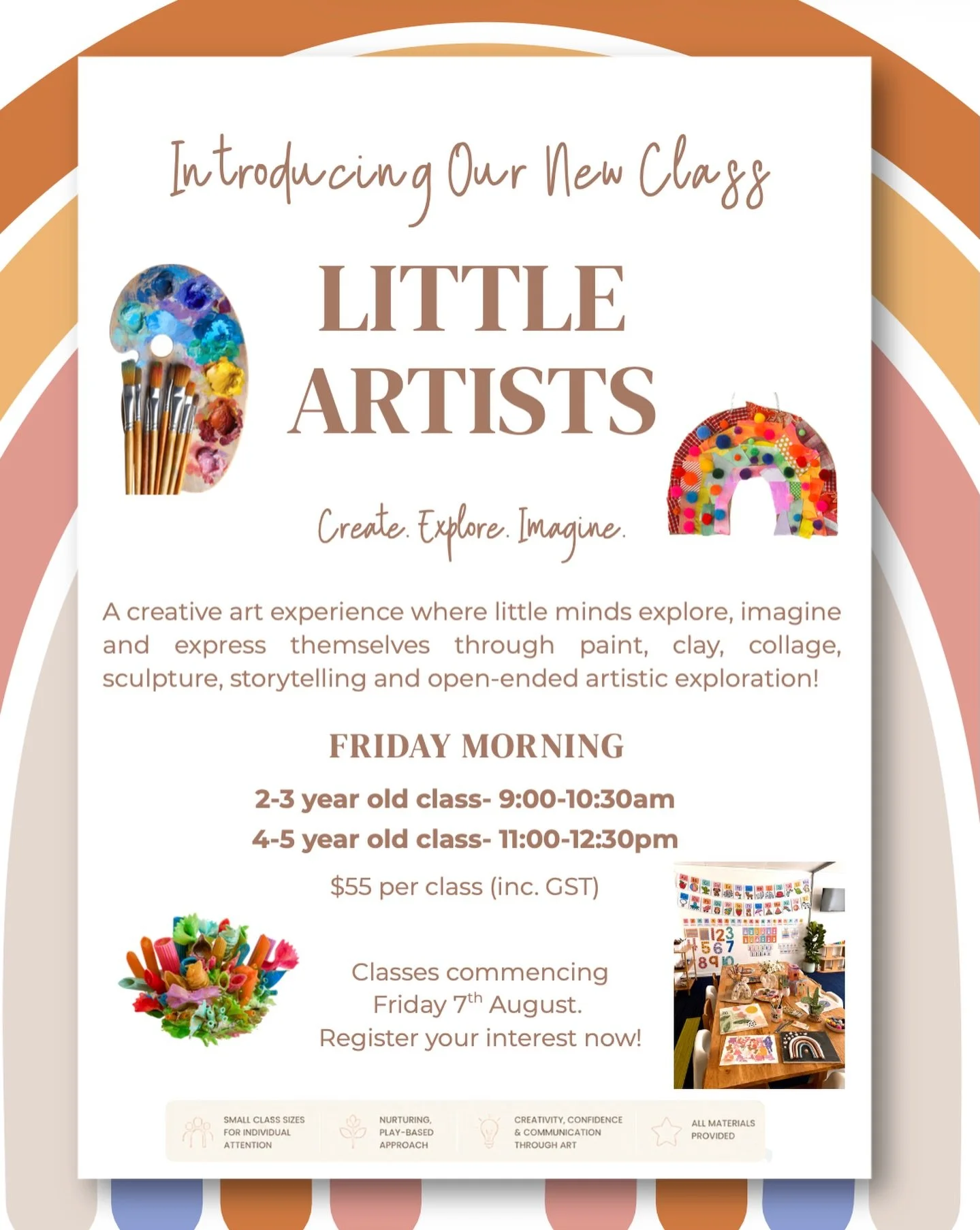 🎨 Introducing Little Artists! ✨

A creative art experience where little minds explore, imagine and express themselves through paint, clay, collage, sculpture and open-ended creativity.

Each week, children will discover inspiring artists, experiment