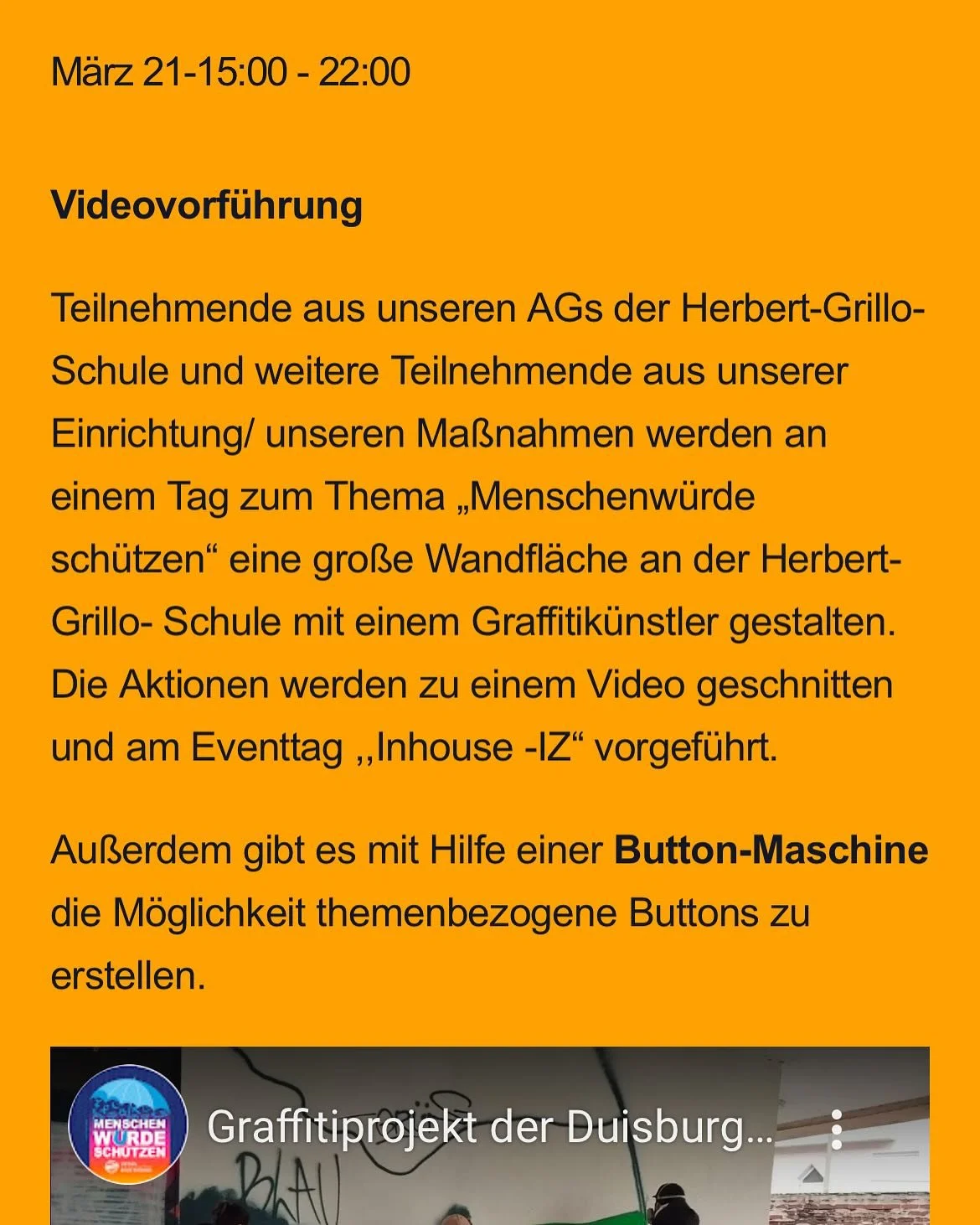 02-04-2025
Wir freuen uns mit unserer Graffiti-Aktion ein Teil der internationalen Wochen gegen Rassismus in Duisburg sein zu d&uuml;rfen. Die W&auml;nde sind zum Gl&uuml;ck noch rechtzeitig fertig geworden. Jetzt k&ouml;nnen wir uns auch wieder voll