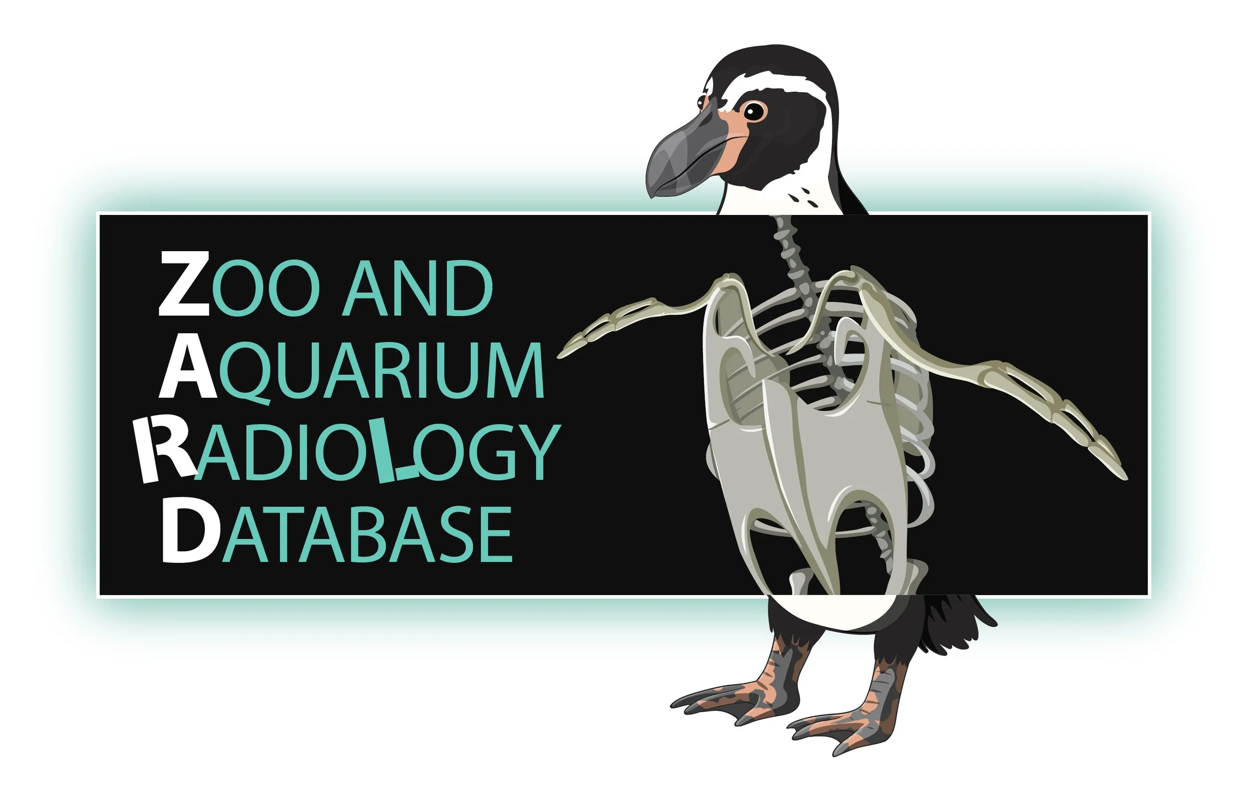 A cartoon image of a penguin holding a diagram of a bird skeleton in front of a black sign that reads "Zoo and Aquarium Radiology Database" in colorful text.