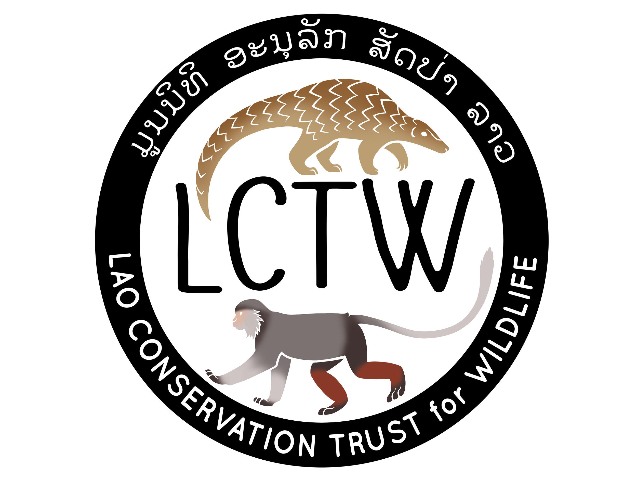 Logo for Lao Conservation Trust for Wildlife featuring a panther and a monitor lizard, with Lao and English text.