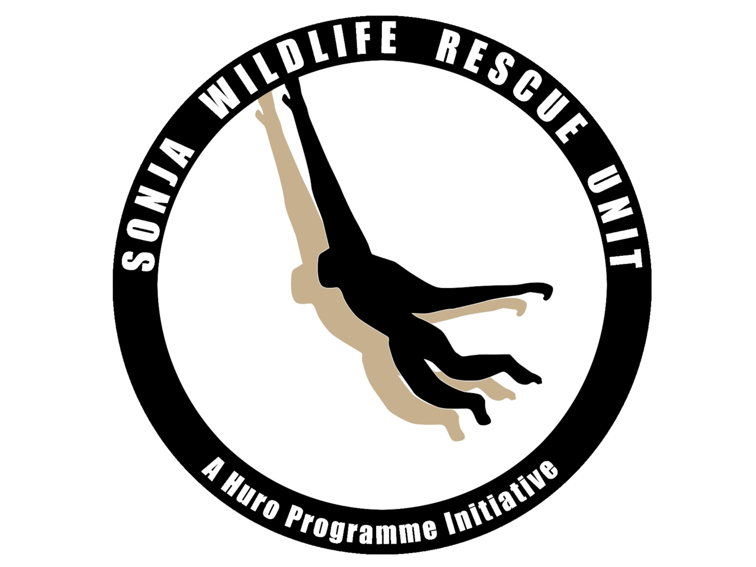 Circular logo for Sonja Wildlife Rescue Unit featuring a person hanging from a rope in black and beige colors, with text around the circle reading 'Sonja Wildlife Rescue Unit' and 'A Huro Programme Initiating'.