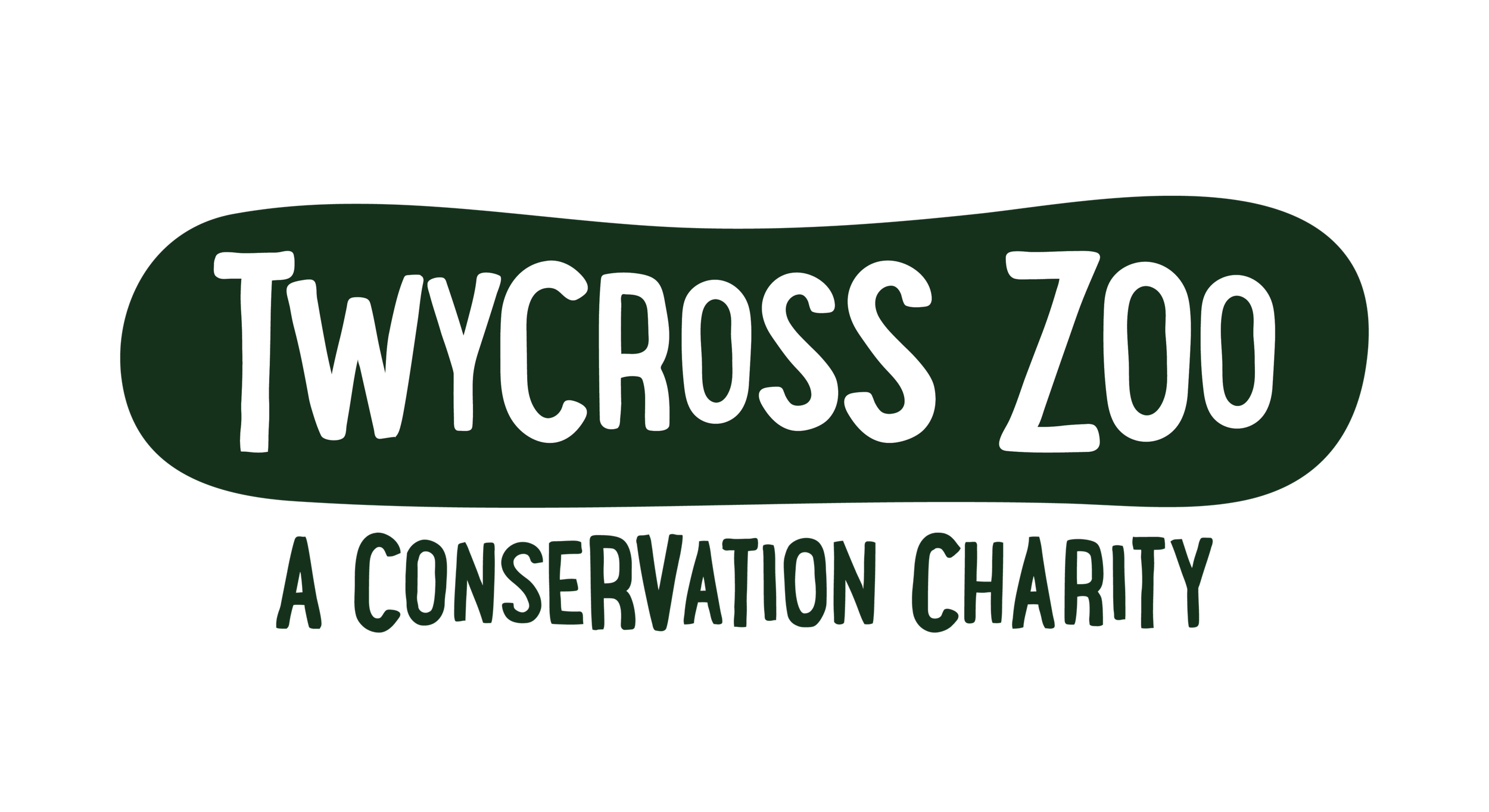 Logo for Twycross Zoo, a conservation charity, with the zoo's name in bold white letters on a dark green background and a black background.