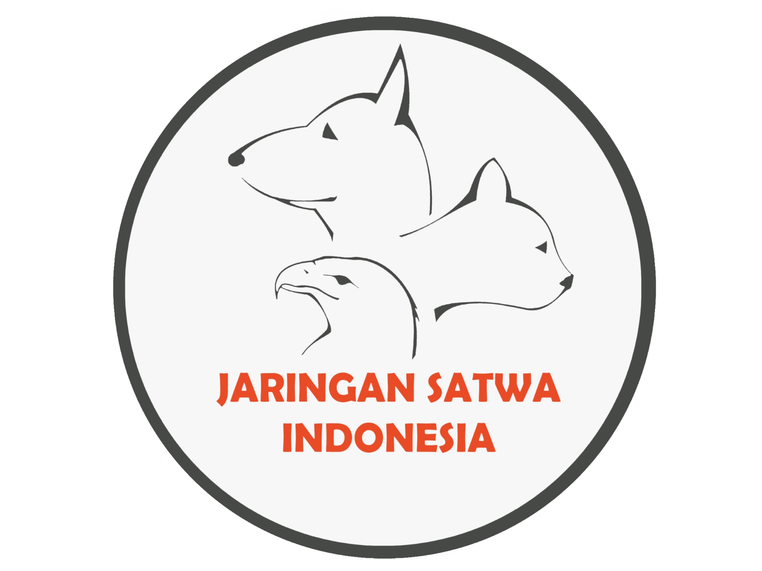 Logo with three animals: a wolf, a dog, and a snake, above the red text "Jaringan Satwa Indonesia" in a circular emblem.