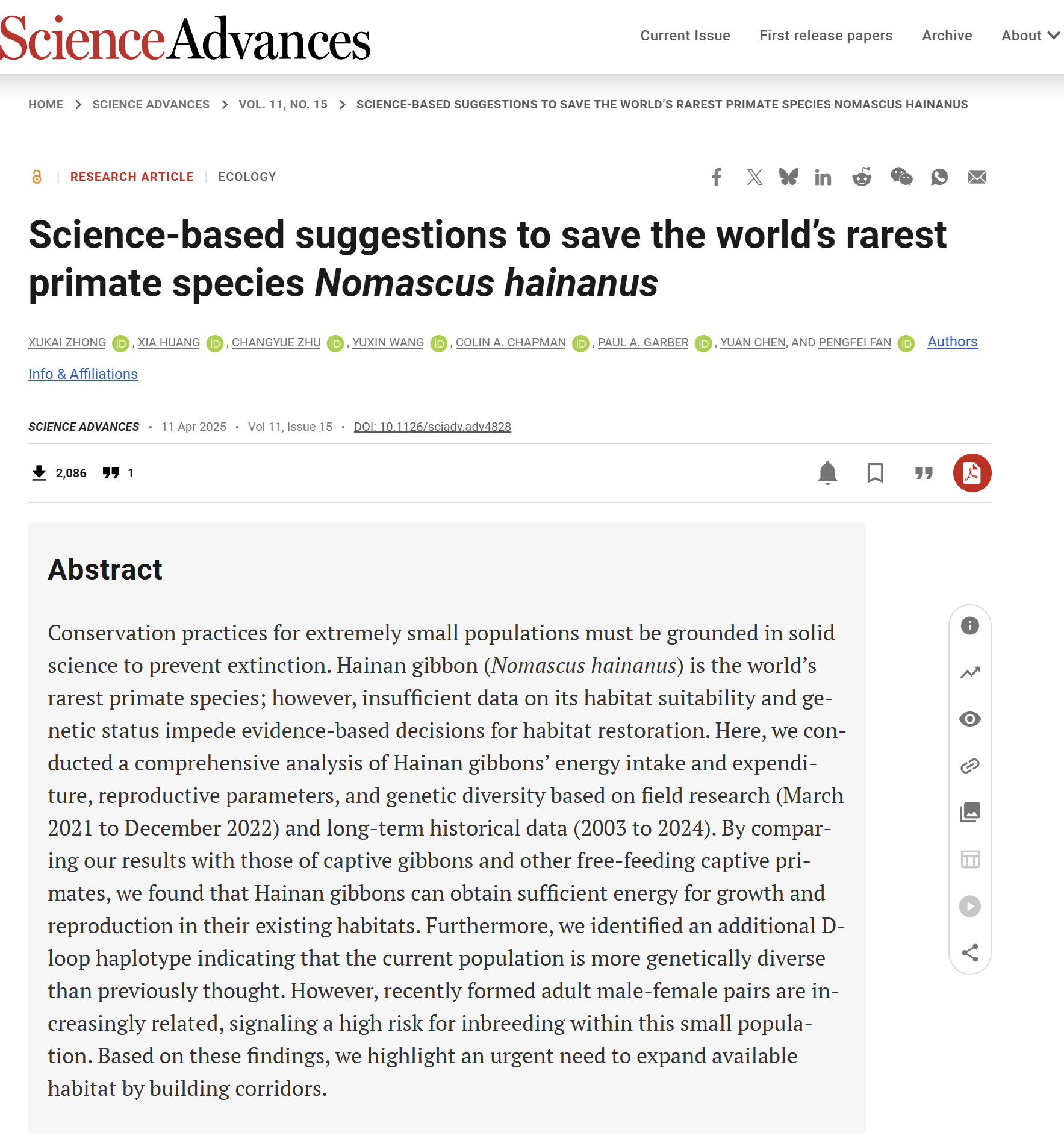 Screenshot of a scientific article titled 'Science-based suggestions to save the world's rarest primate species Nomascus hainanus' from Science Advances, published on April 11, 2025. The page includes the article's abstract discussing conservation pr