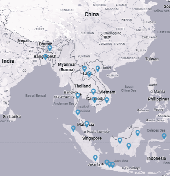 Map of Southeast Asia showing various countries including India, China, Thailand, Vietnam, Malaysia, Singapore, Indonesia, and the Philippines, with several blue location markers