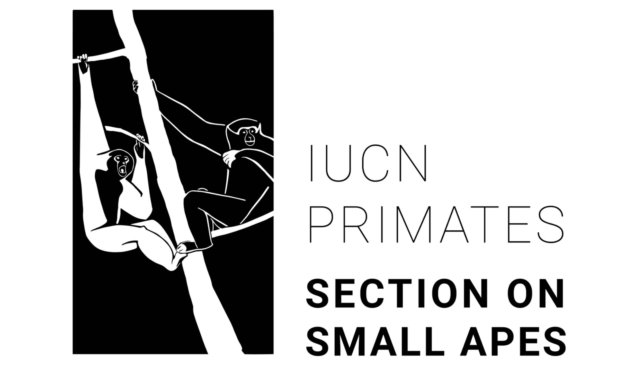 Black poster featuring white outline illustrations of two small primates hanging from a branch. To the right, text reads 'IUCN PRIMATES SECTION ON SMALL APES'.