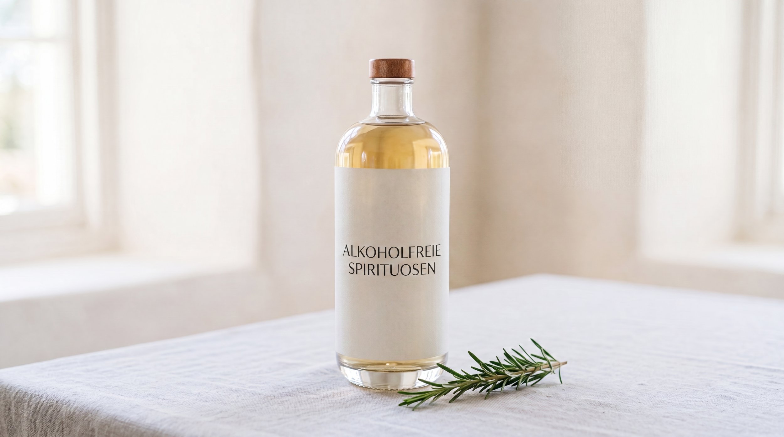 Ein Flasche mit dem deutschen Label "Alkoholfreie Spirituosen" auf einer weißen Tischdecke, mit einem grünen Zweig, in einem hellen Raum.