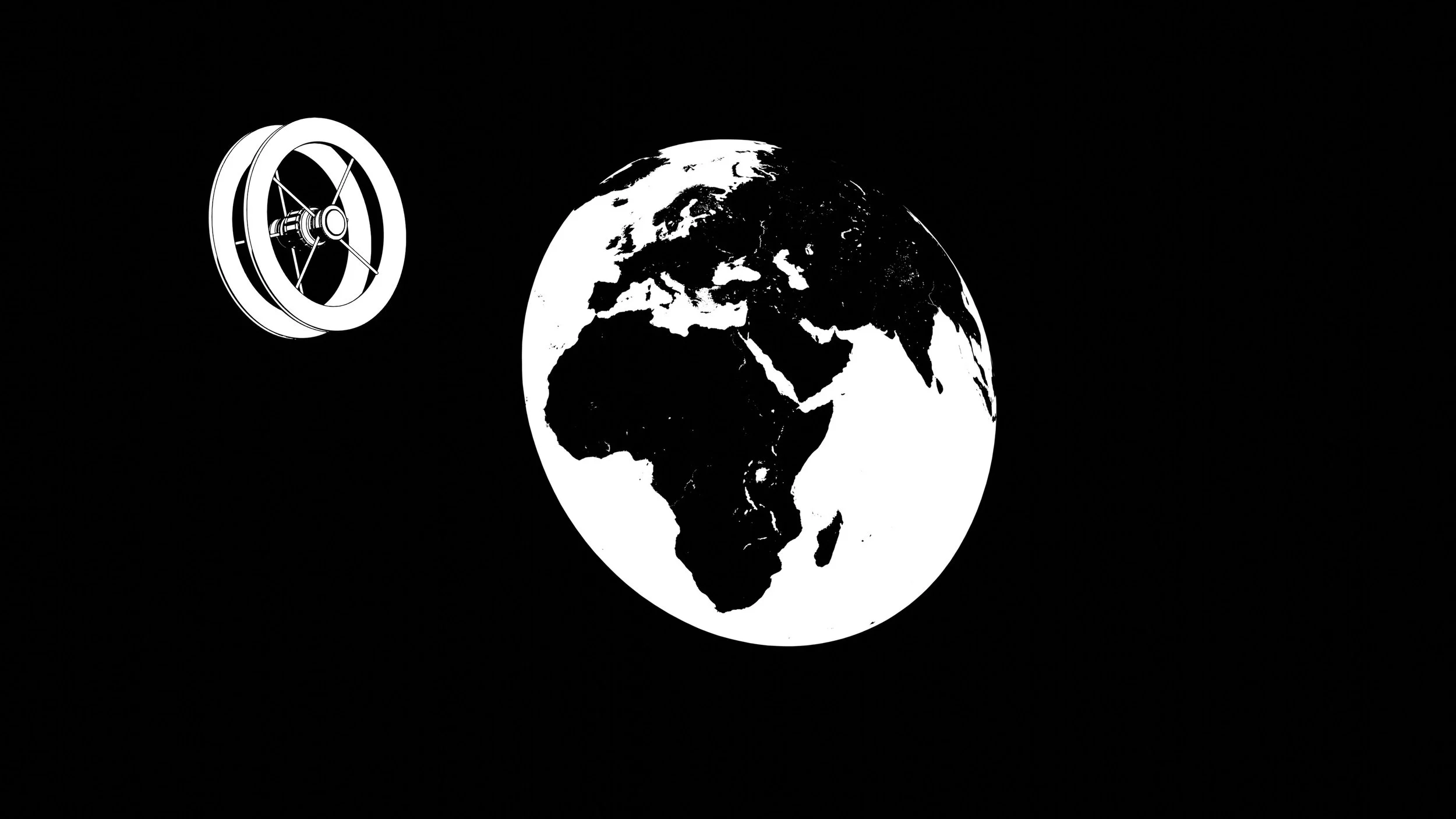 A black and white illustration of Earth with North America and Africa visible, with a satellite orbiting nearby against a black background.