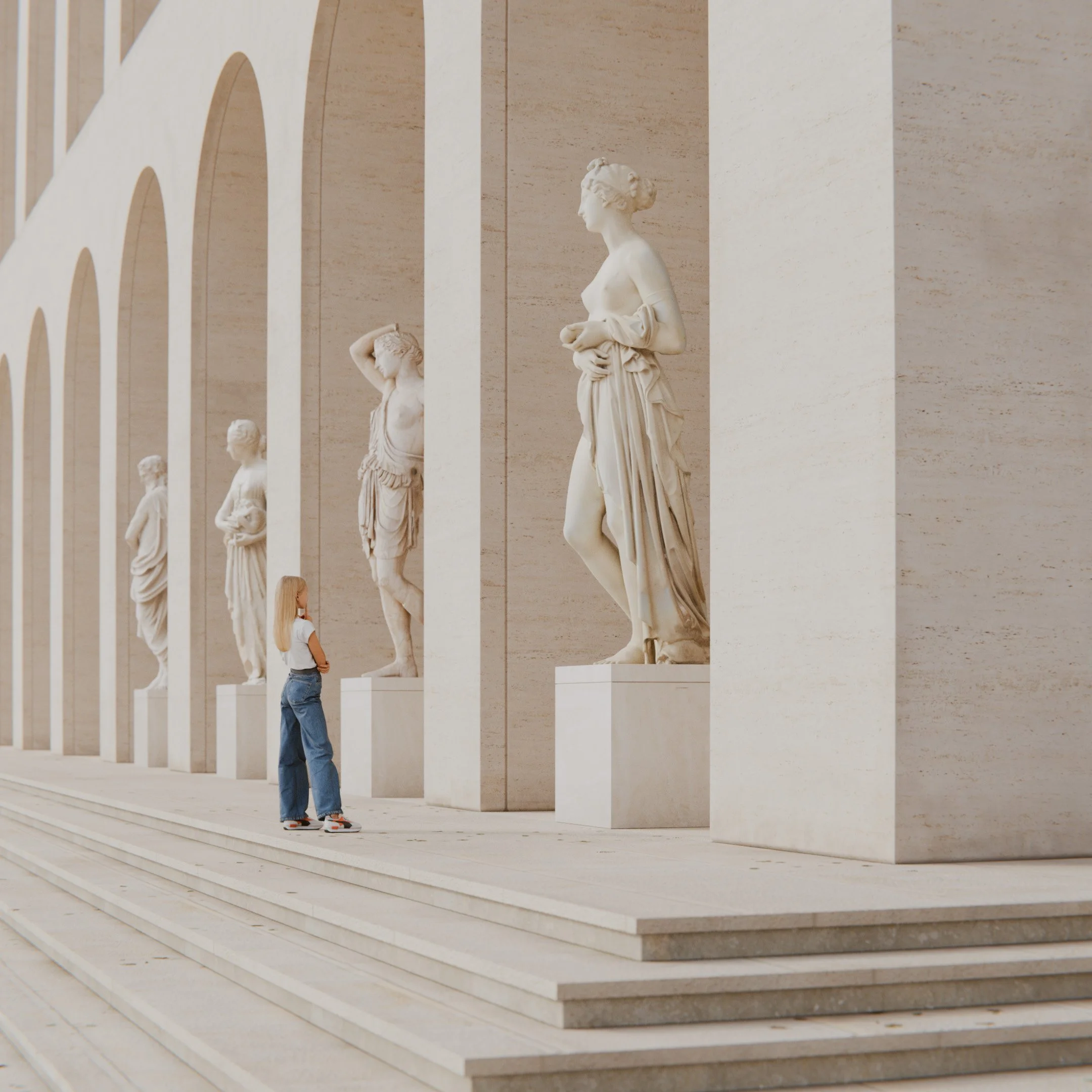 A young girl with long blonde hair, wearing a white t-shirt and blue jeans, standing on the steps of a building with large classical marble statues of women.