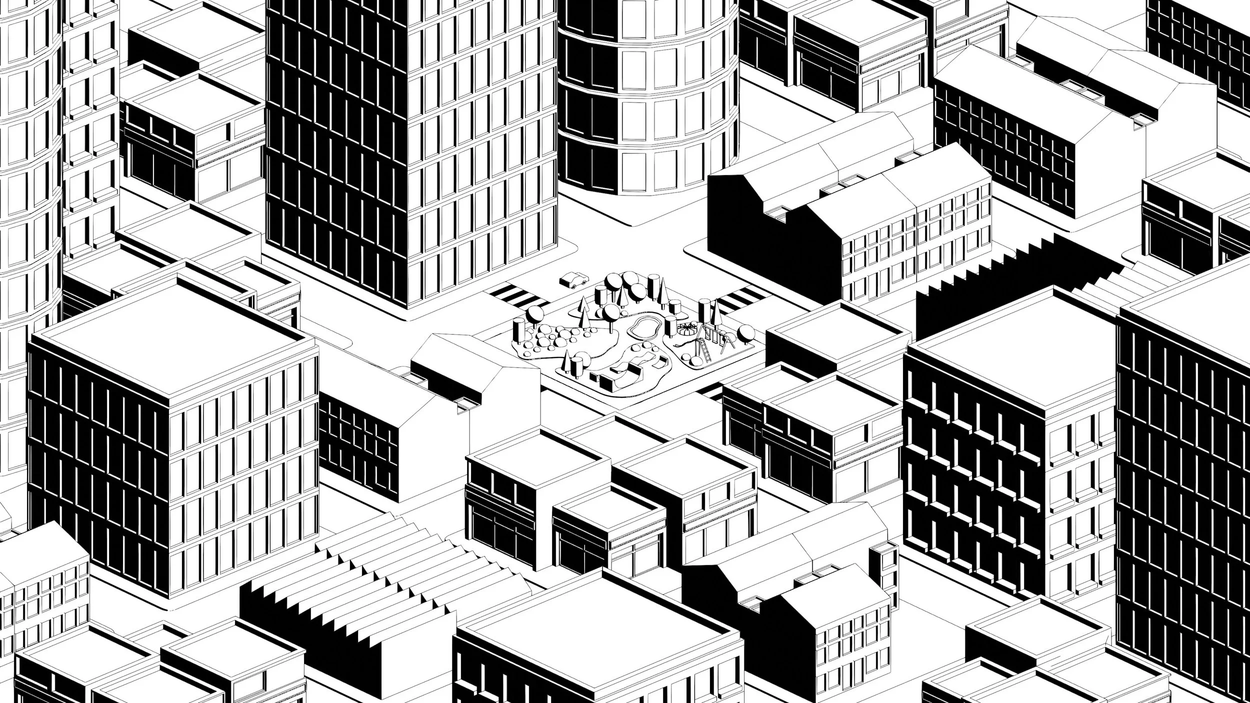 A black and white illustration of a cityscape with multiple high-rise buildings surrounding a central park area with trees, pathways, and benches.