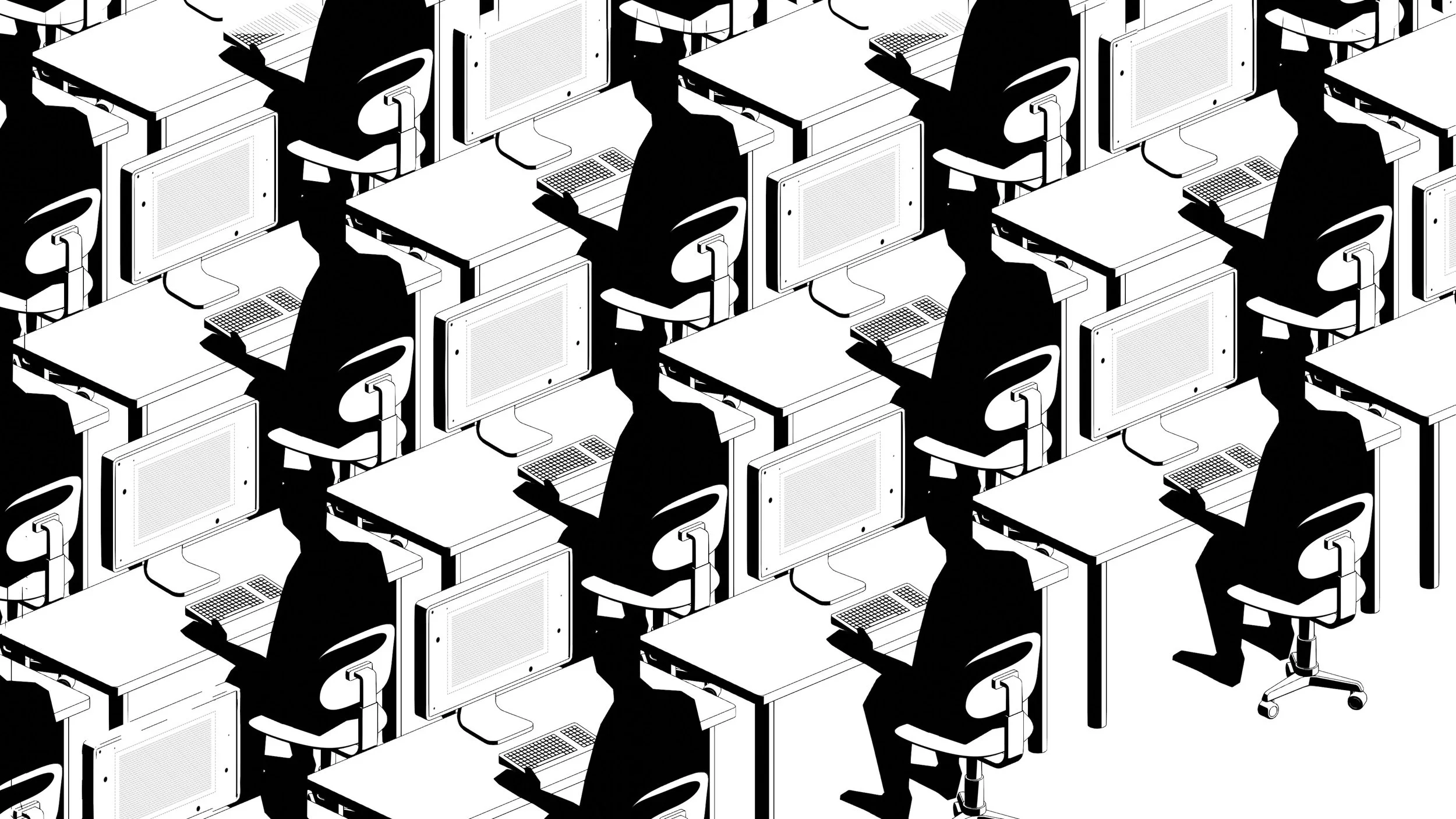 A black and white isometric illustration of a cubicle office space with several workstations, each equipped with a computer monitor, keyboard, and office chair, arranged in a repetitive pattern.