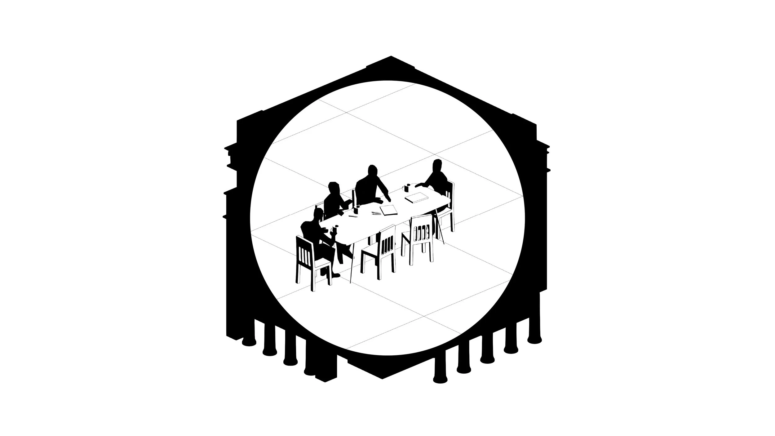 Silhouette of a group of four people sitting at a long table, viewed through a circular window or porthole.