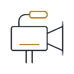 Outline drawing of a video camera with a viewfinder on top and a lens on the front.