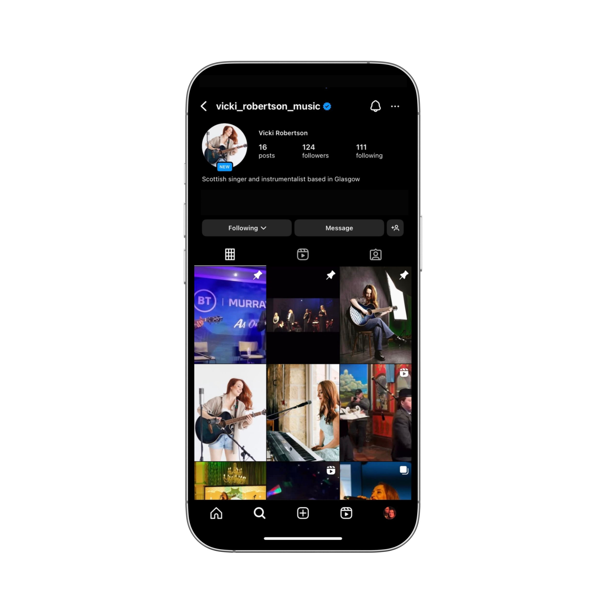 Smartphone displaying the Instagram profile of Vicki Robertson, with photos of her performing and in various settings.