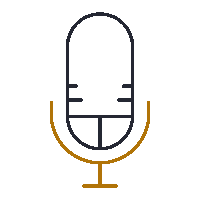 A black and orange line icon of a microphone