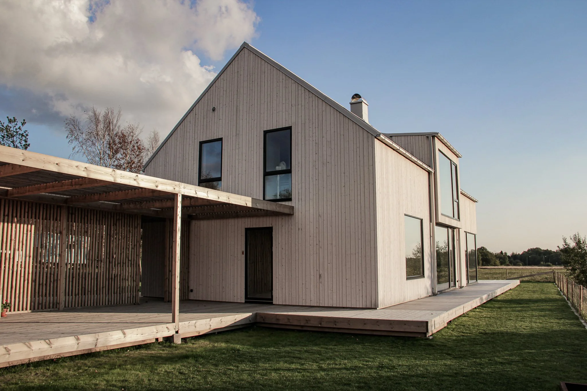 Modernt hus med träfasad och stora fönster, omgiven av en grön gräsmatta, under blå himmel.