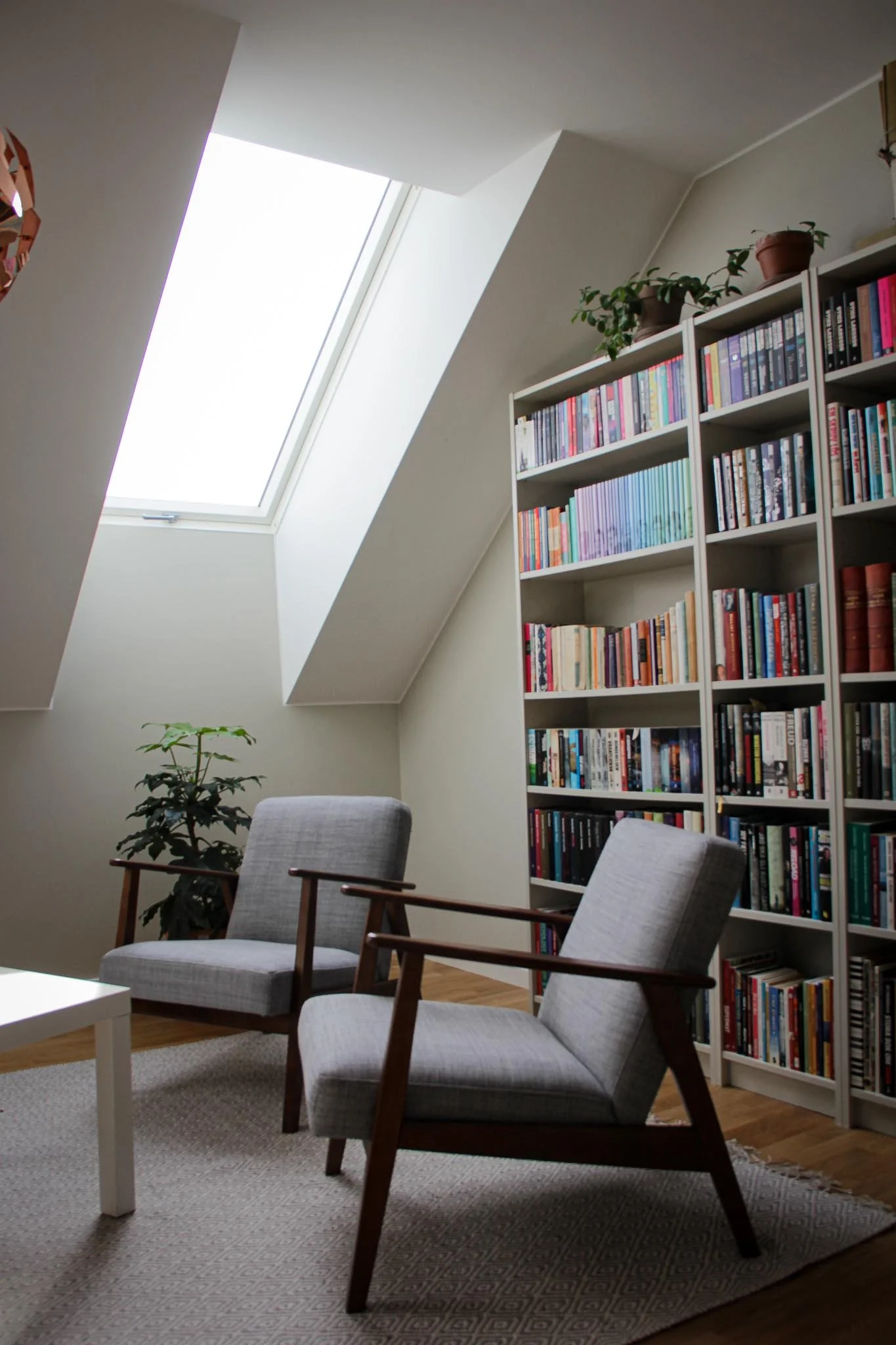 Ett rum med två grå fåtöljer, en bokhylla fylld med böcker, en stor krukväxt och ett takfönster som släpper in naturligt ljus. O Lind AB.