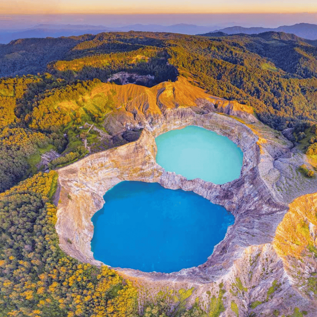 The three coloured crater lakes of Kelimutu, Flores