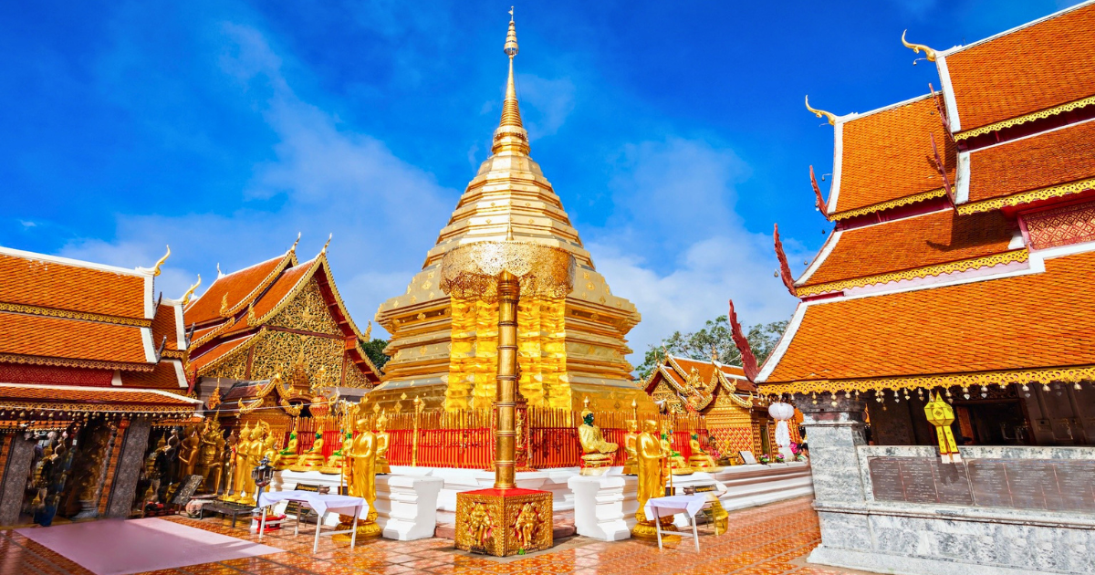 The central golden chedi at Wat Phra That Doi Suthep surrounded by the temple complex in Chiang Mai