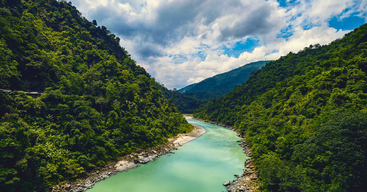 Teesta river valley between forested hills in Sikkim
