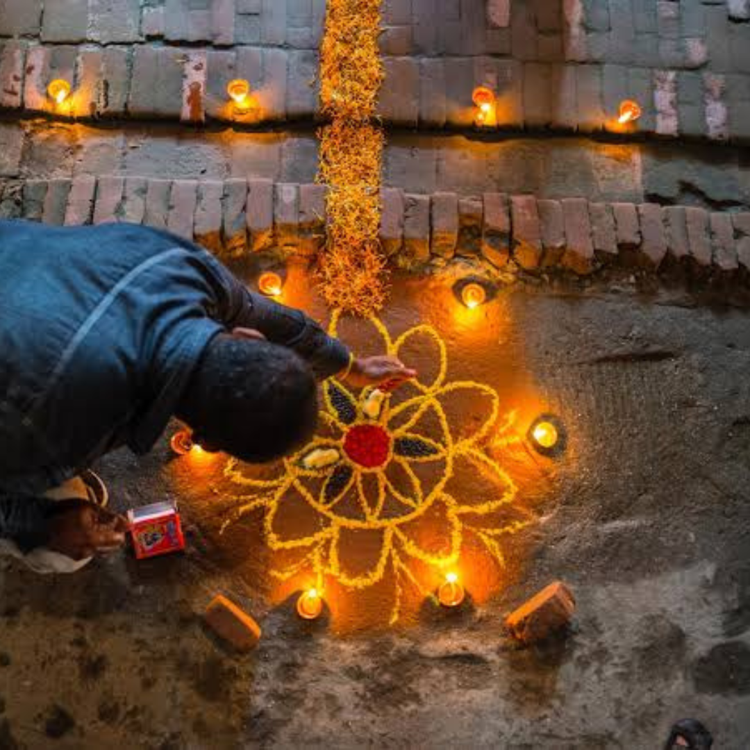 Traditional Tihar rangoli and oil lamps during Nepal’s Festival of Lights