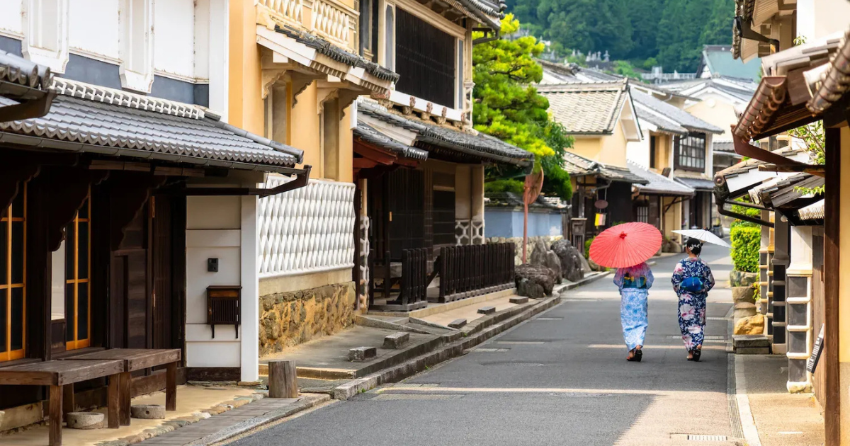 Preserved merchant houses along a quiet street in the Yokaichi district in Uchiko, Ehime.