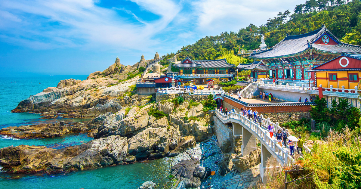 Haedong Yonggungsa Temple overlooking the coastline in Busan, South Korea.