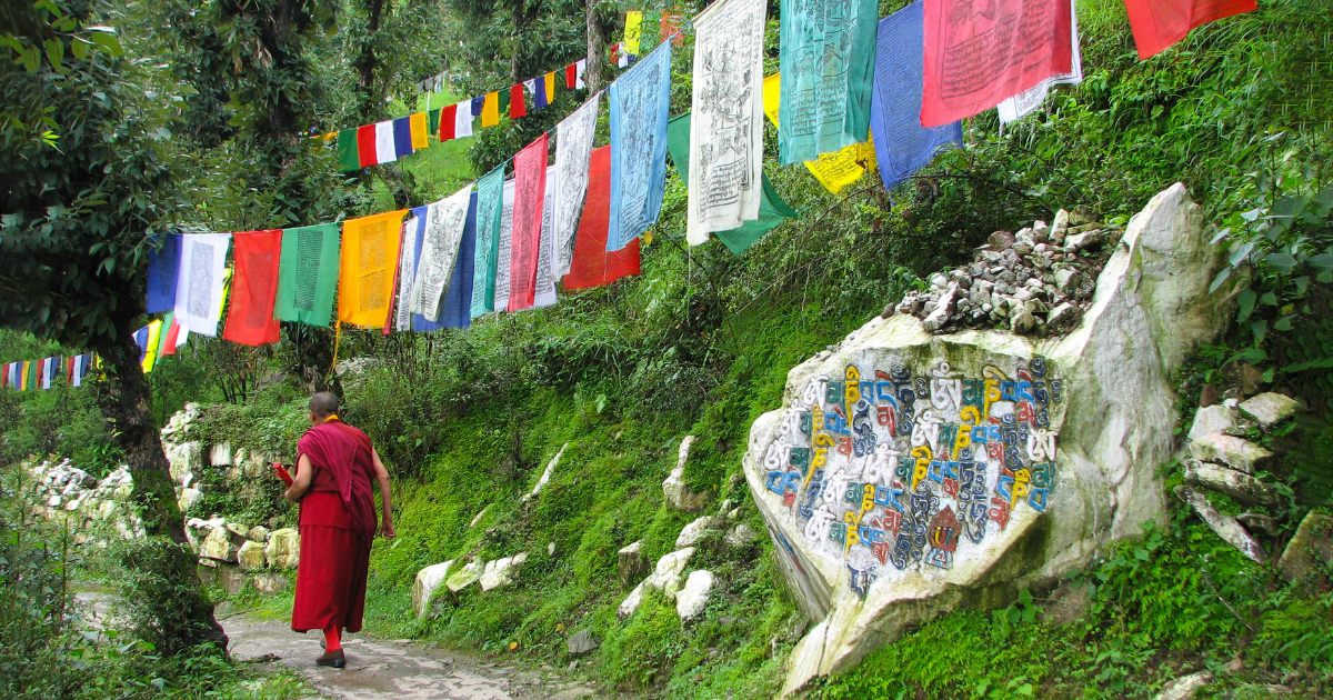 A Buddhist monk walking along a green hillside path lined with prayer flags and painted mani stones in Dharamsala, Himachal Pradesh.