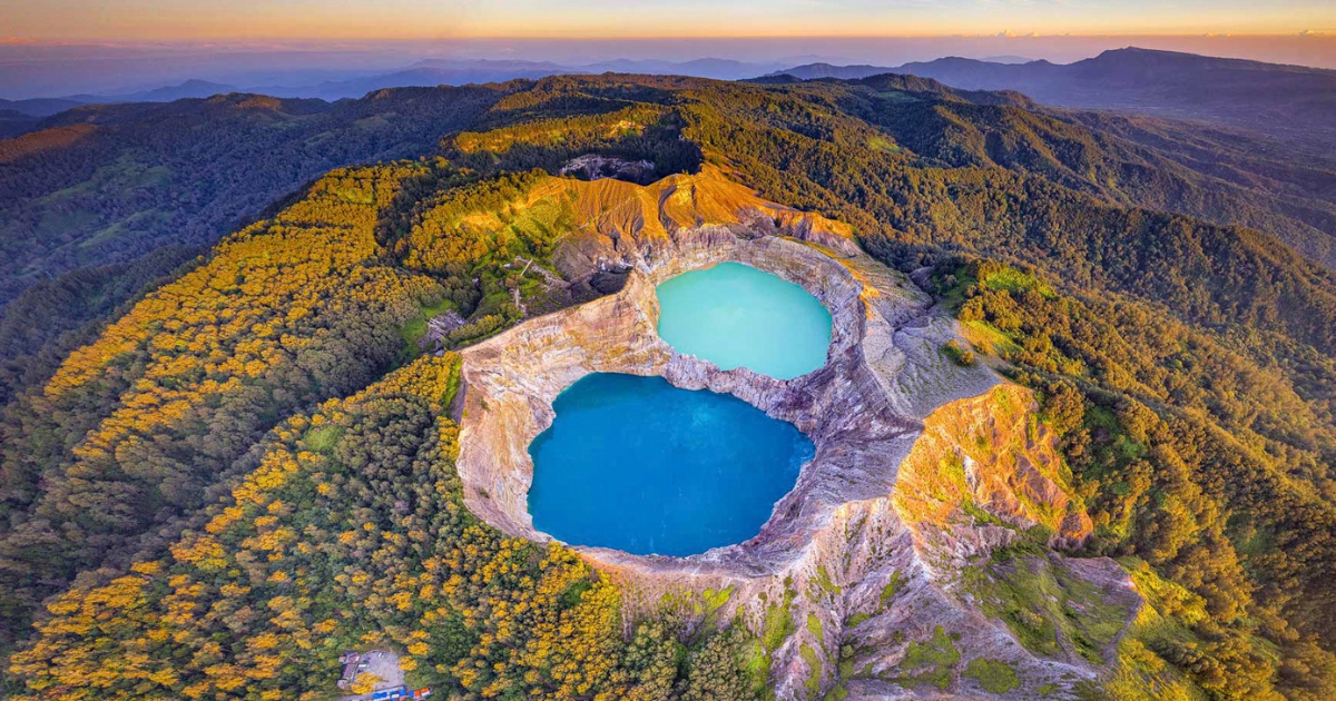 Two differently coloured crater lakes at Mount Kelimutu in Flores, Indonesia