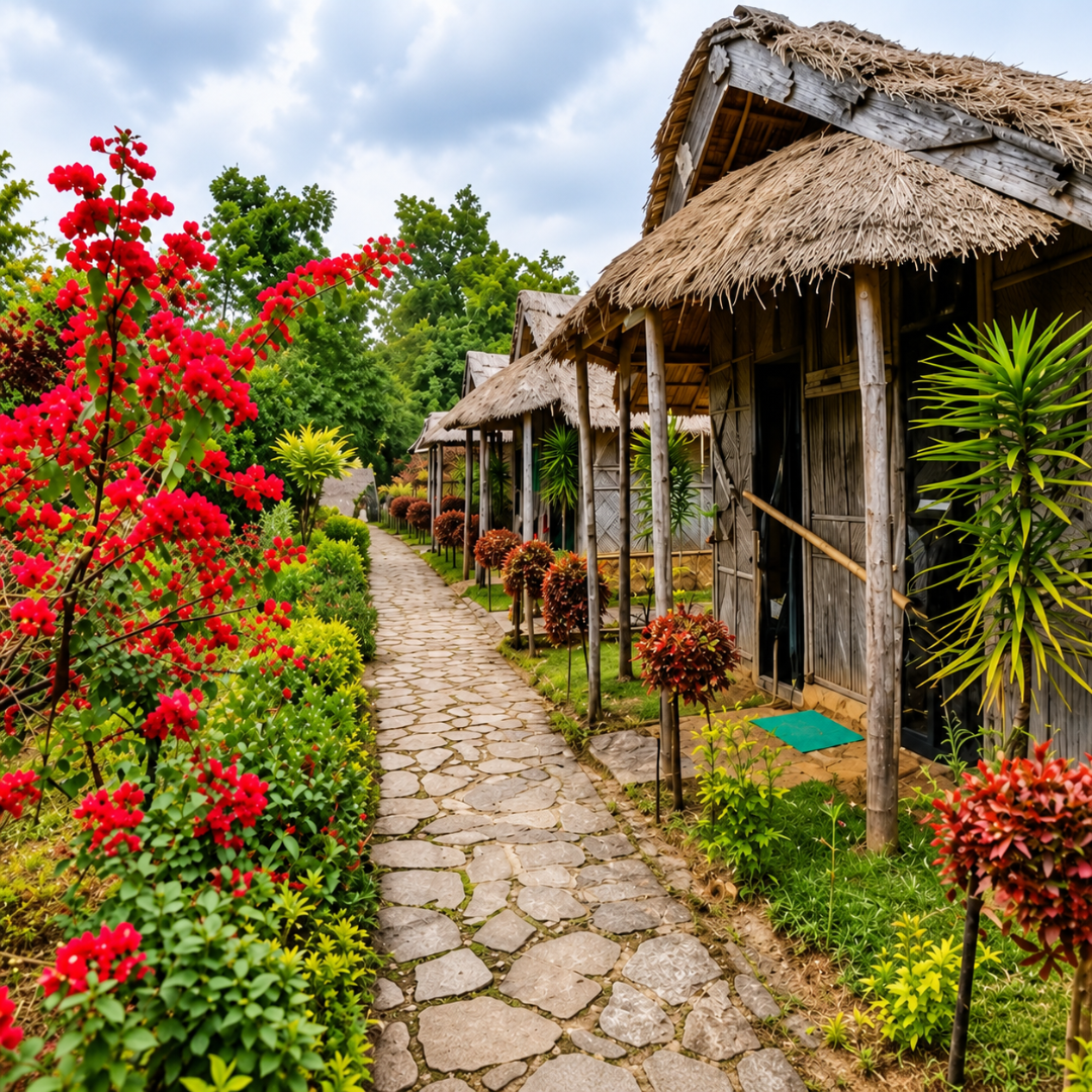 Traditional thatched-roof cottages and stone-paved walkway at a homestay in Kohima, Nagaland.
