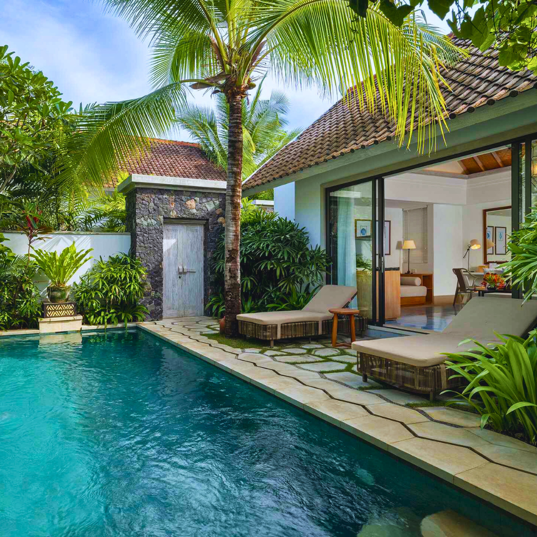 A boutique resort with a private pool surrounded by tropical gardens, reflecting the carefully selected accommodation featured on our Indonesia small group tour.