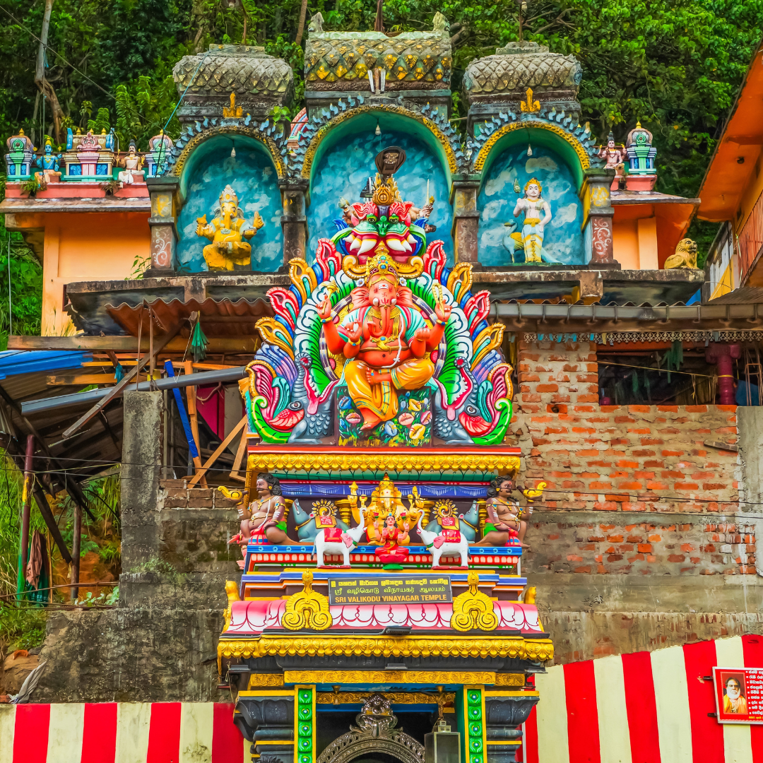 Colourfully decorated Hindu temple in Kandy featuring intricate sculptures and traditional Sri Lankan Tamil temple architecture.