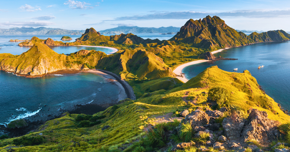 Panoramic view across the bays and rugged hills of Padar Island in Komodo National Park