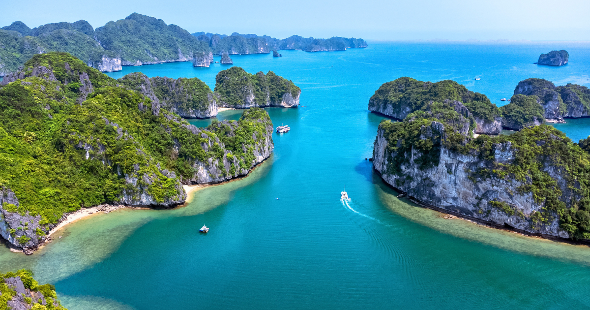 Aerial view of Cat Ba and the surrounding karst islands of Lan Ha Bay.