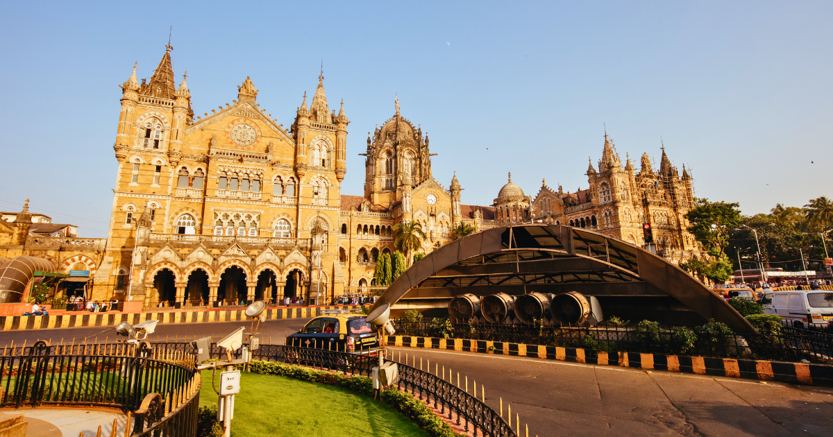 The Victorian Gothic facade of Chhatrapati Shivaji Maharaj Terminus, formerly Victoria Terminus, in Mumbai, photographed from the street.