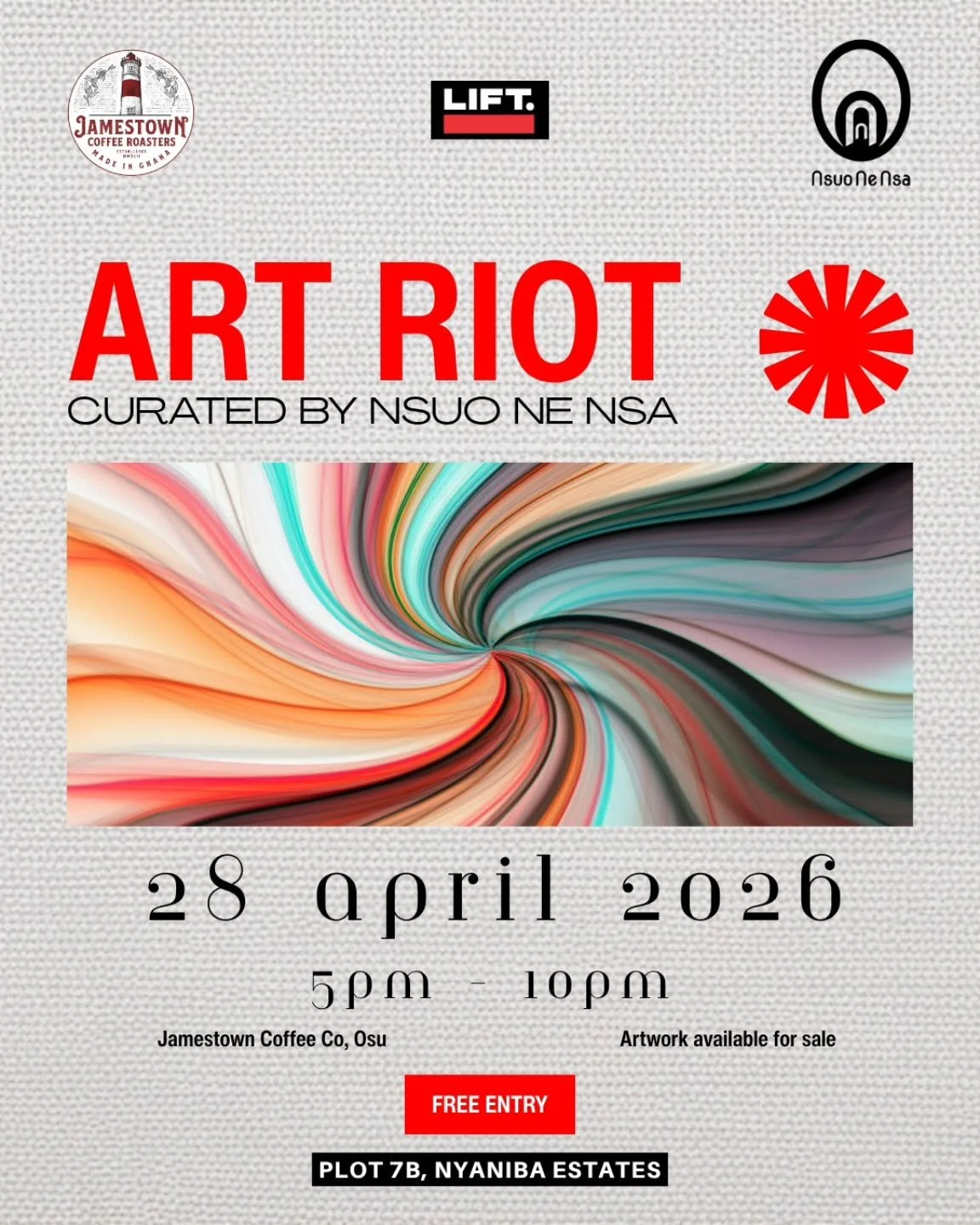 ART RIOT is here once again bringing artists together!! Come discover unique pieces and meet creatives @jamestowncoffeegh 

📆 28th April
⏰️ 5:00pm

Art on display. Art on sale
