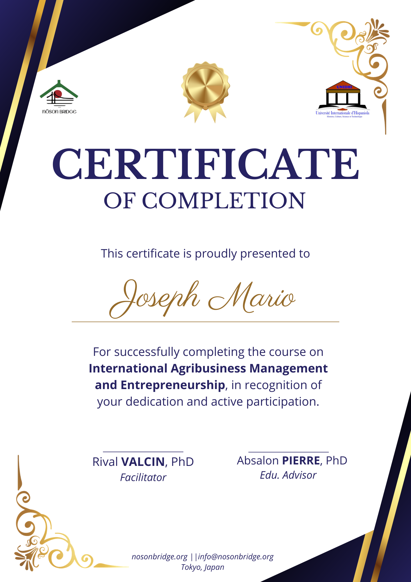A certificate of completion with gold and navy blue accents, featuring logos of Noson Bridge and Université Internationale d'Hispaniola, awarded to Joseph Mario for successful course completion in International Agribusiness Management and Entrepreneurship.