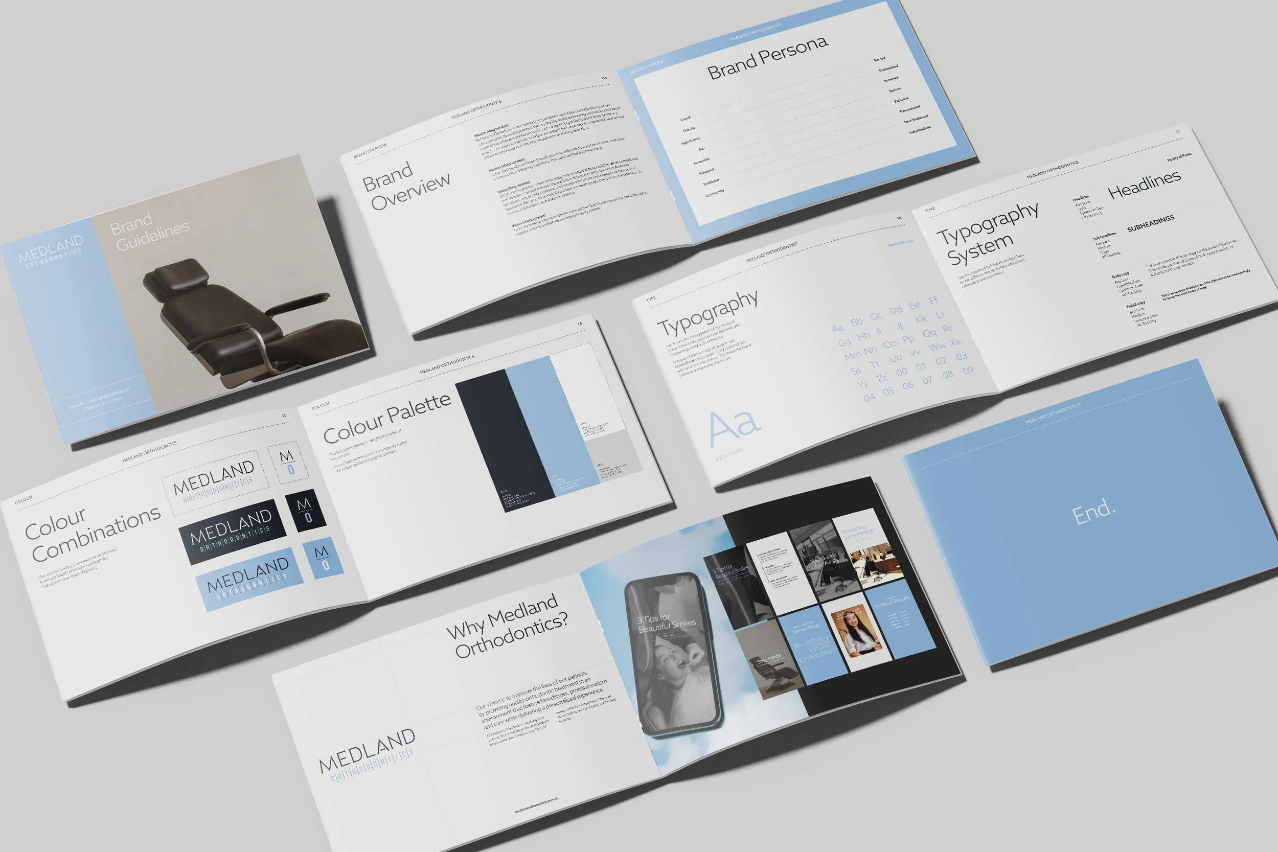 Open brand guidelines booklet for Medland Orthodontics, featuring a brown dental chair on the cover, and pages with typography, color palette, and brand overview.
