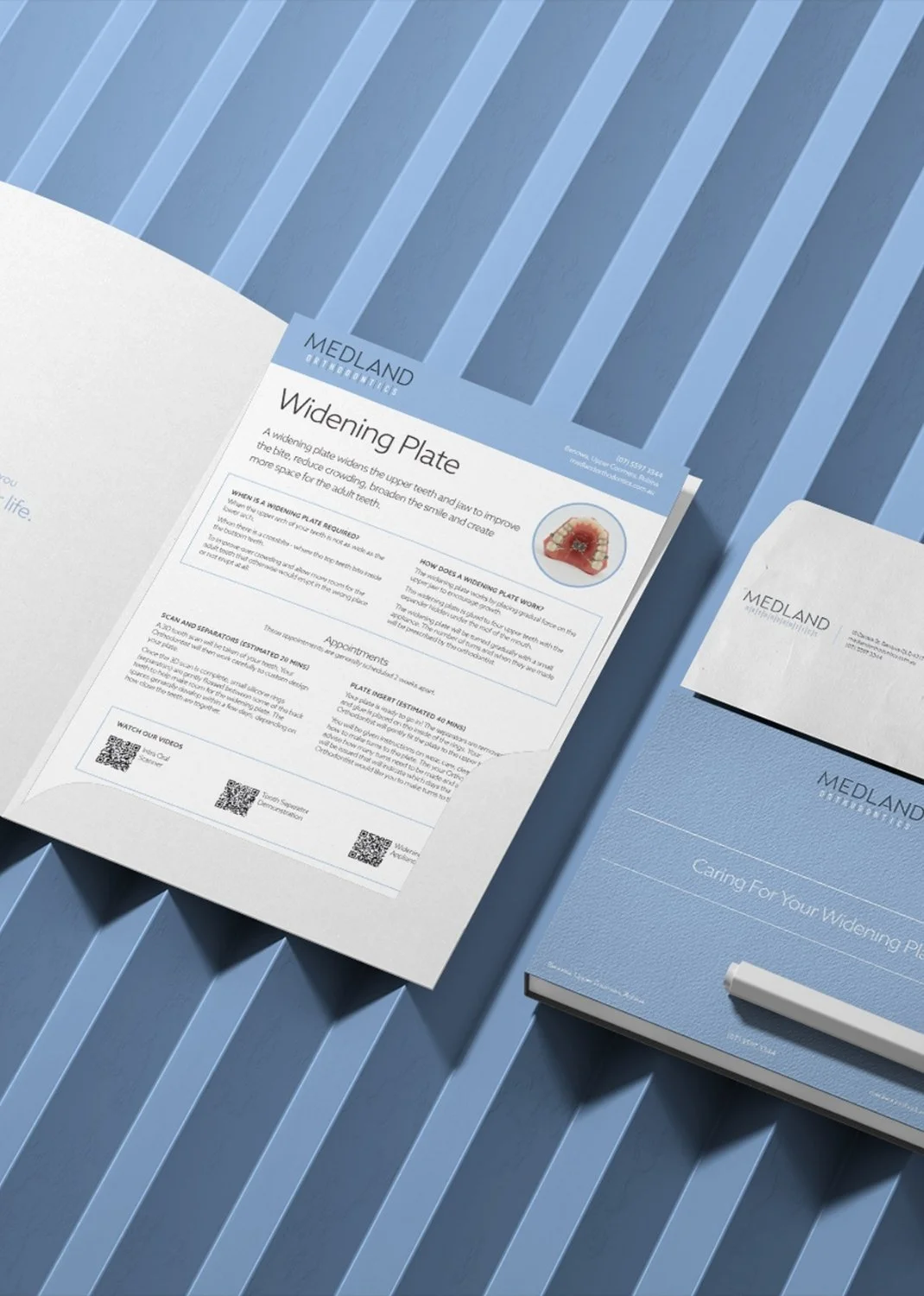 Medical pamphlet titled "Widening Plate" from Medland Orthodontics, depicting a diagram of a widened dental arch, with details and QR codes on the page, placed on a blue textured surface.