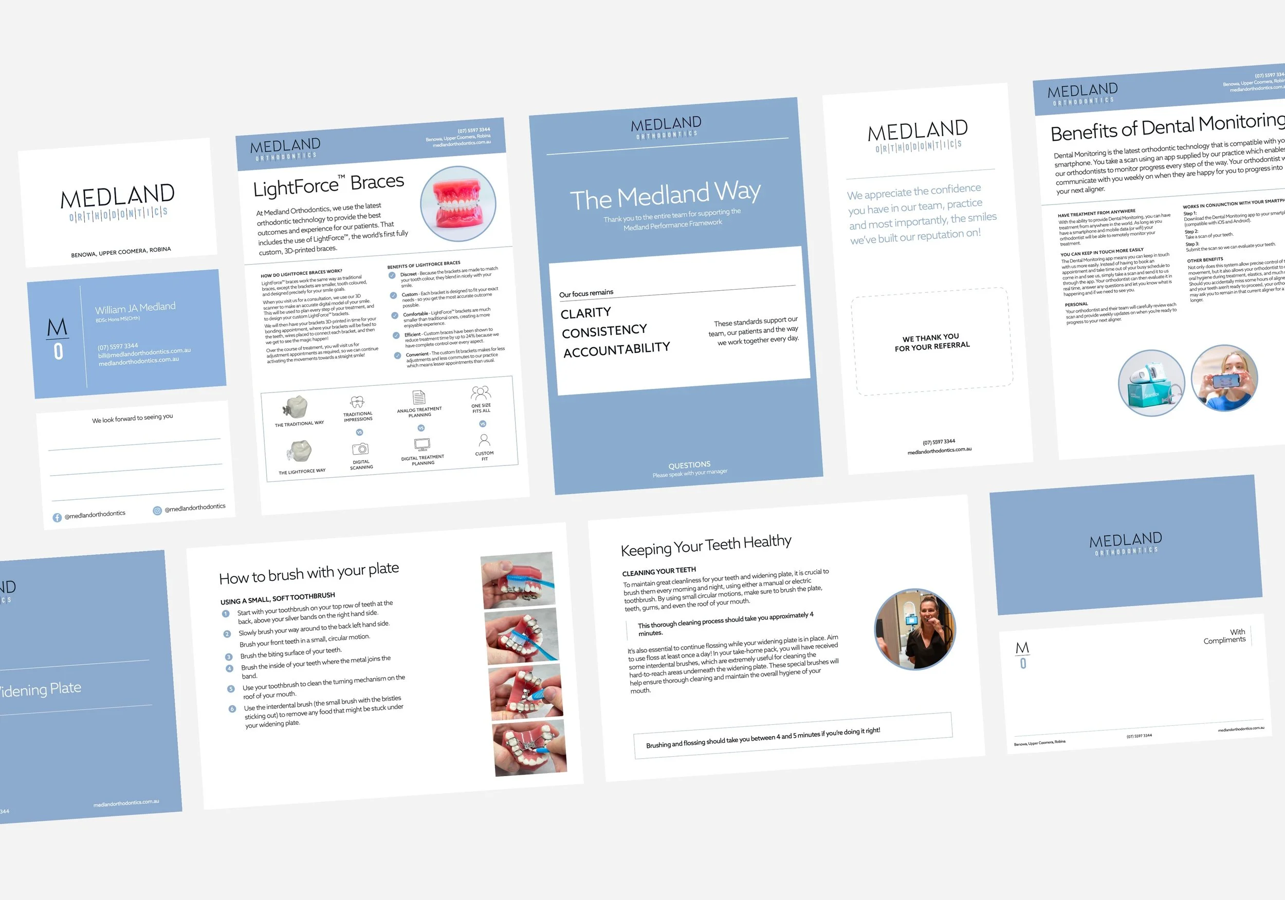 A collection of informational pamphlets and flyers from Medland Orthodontics, including topics on braces, dental monitoring, teeth cleaning, and patient appreciation.