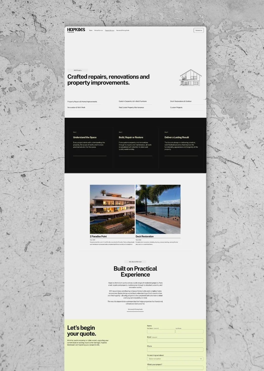 Homepage of Hopkins Waterproof, a website for home repair and renovation services, featuring a header, a brief description, service categories, infographic sections, images of properties, and a contact form.